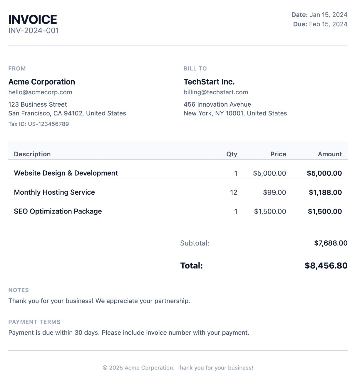 Professional invoice example